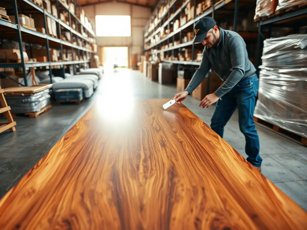 A wide shot of a finished custom epoxy-wood table being carefully packaged for shipping in a warehouse. The scene emphasizes the final stages of quality control and preparation for delivery.