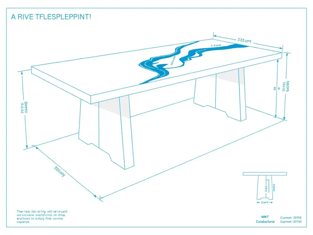 A detailed CAD blueprint of a custom-designed river table, showcasing precise measurements and design specifications, highlighting the level of personalization available to customers.