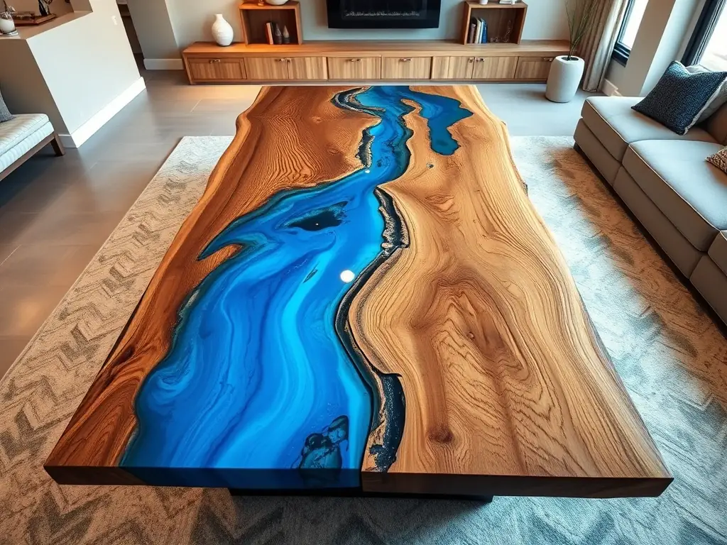 A high-angle shot of a meticulously crafted river table with blue epoxy resin flowing between two live-edge wood slabs, set in a modern living room.