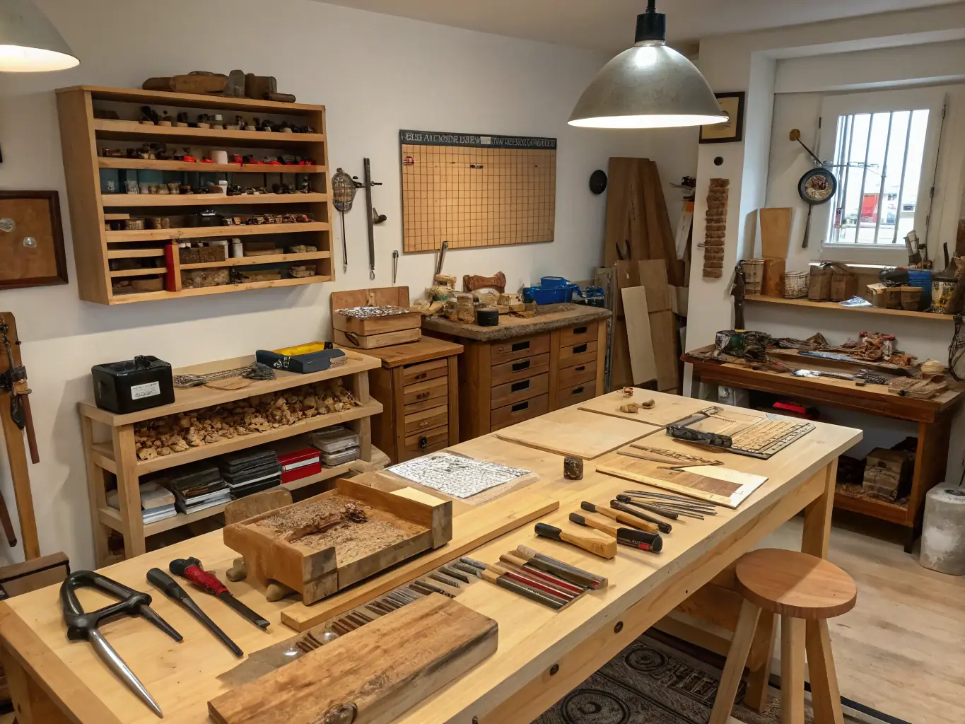 A photograph of a workshop showcasing various wood samples and epoxy resin colors, emphasizing the wide range of materials and finishes available for customization.