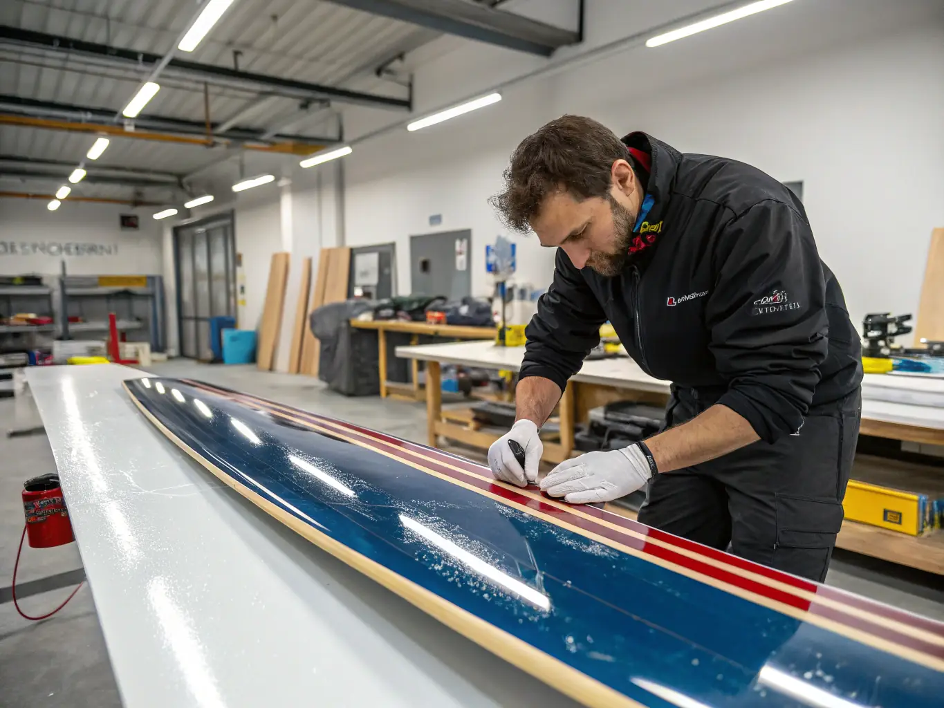 A photograph of a craftsman carefully pouring epoxy resin into a wooden table mold in a well-lit workshop. The image highlights the precision and skill involved in the crafting process.