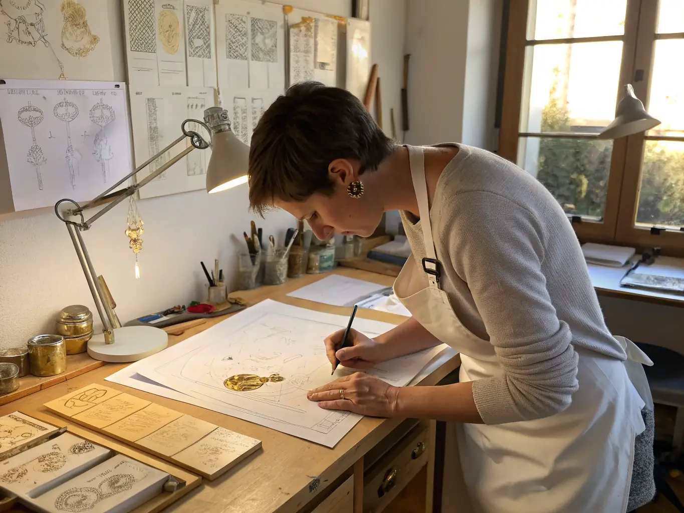 A close-up shot of a designer sketching a table design in a workshop, surrounded by wood samples and design tools. The scene conveys creativity and precision in the initial design phase.