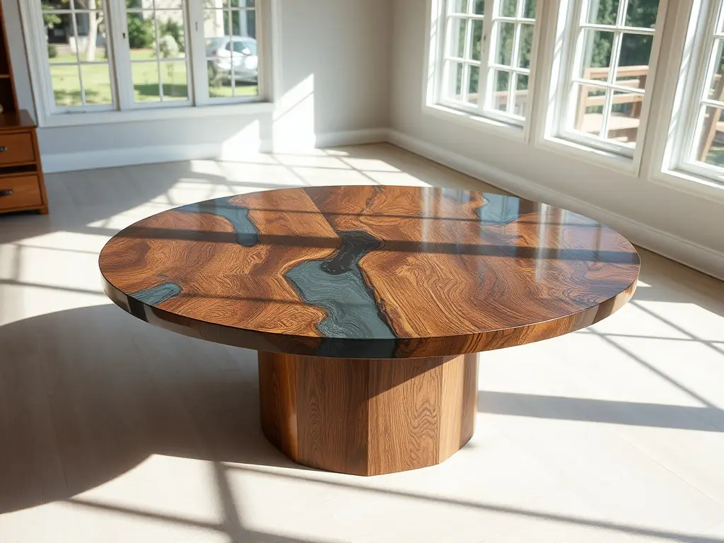 A beautifully finished live-edge dining table with natural wood grain and a clear epoxy coating, placed in a well-lit dining room setting.